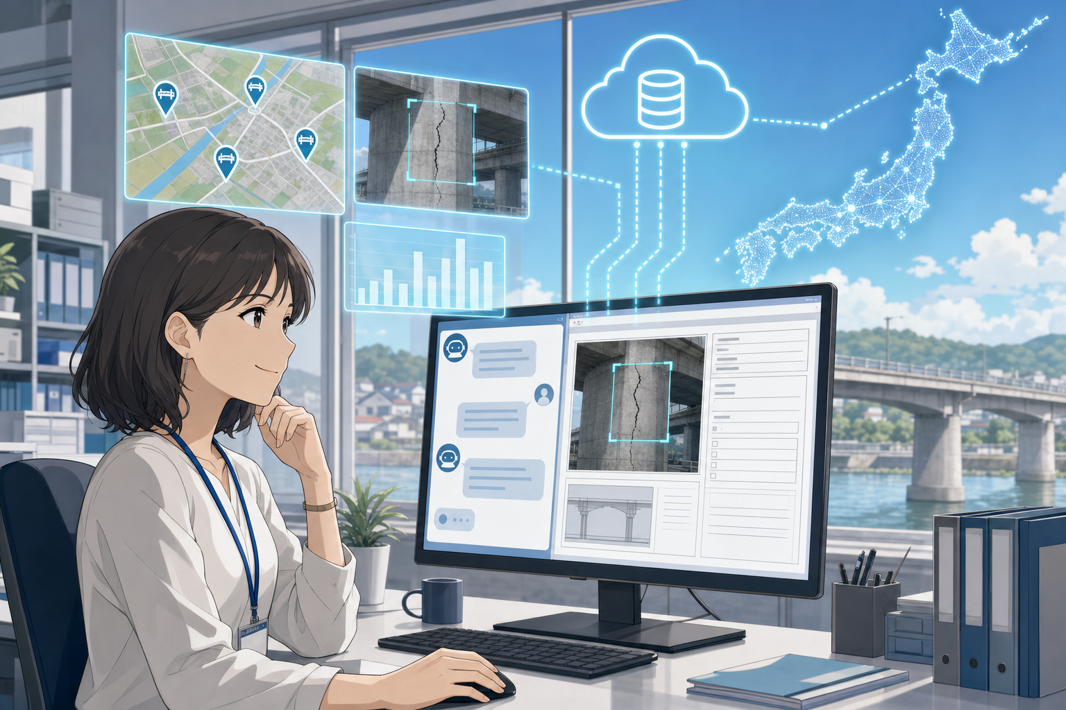 DataRecipeを活用し、AIと対話しながら橋梁の点検・診断を進めるイメージ